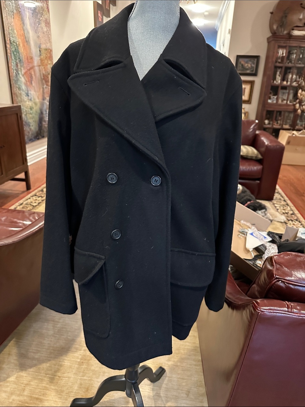 Vintage Grenfell England Men’s Black Wool Double Breasted Peacoat Coat Size 44